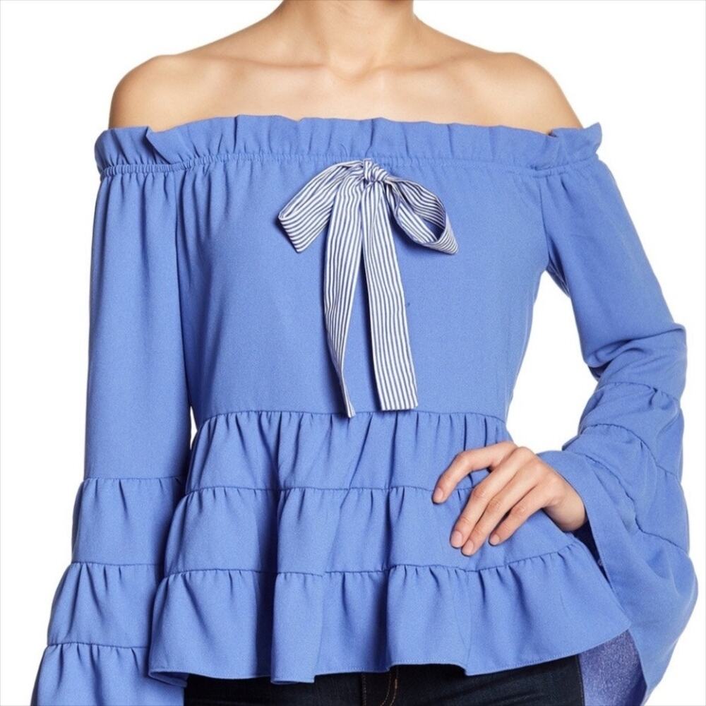 🔥 English Factory Off The Shoulder Tiered Ruffle Blouse in Blue Size Small